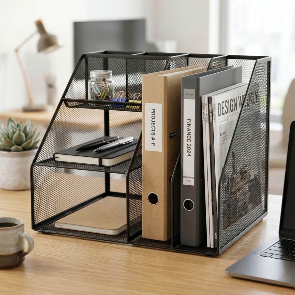 Desk set/magazine rack, seven-piece metal mesh, black, D.Rect