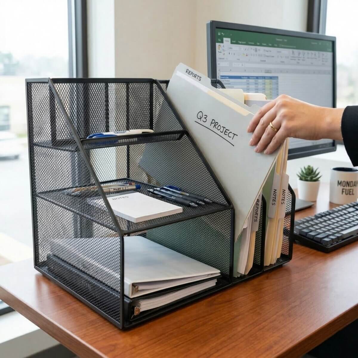 Desk set/magazine rack, seven-piece metal mesh, black, D.Rect - Image 4